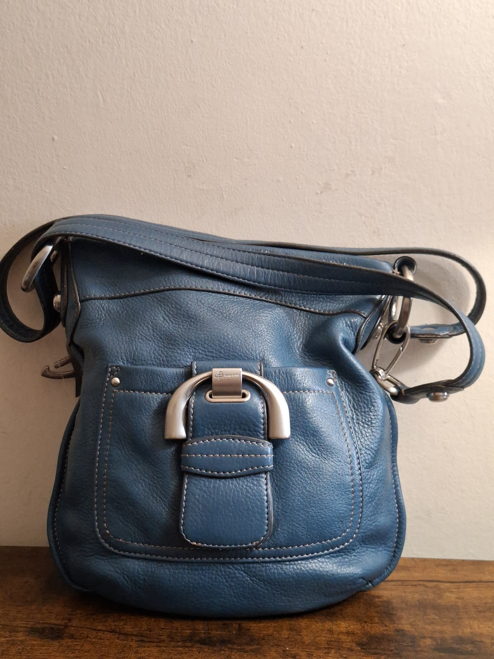 B. Makowsky Royal Blue Pebble Leather Crossbody Shoulder Bag with Buckle